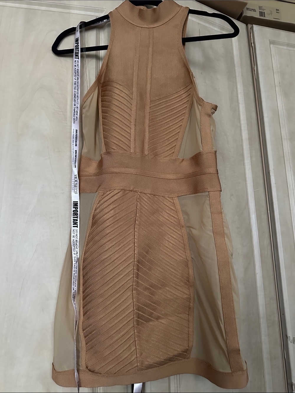 House of CB Tan High-Neck Mesh Panel Mini Dress
